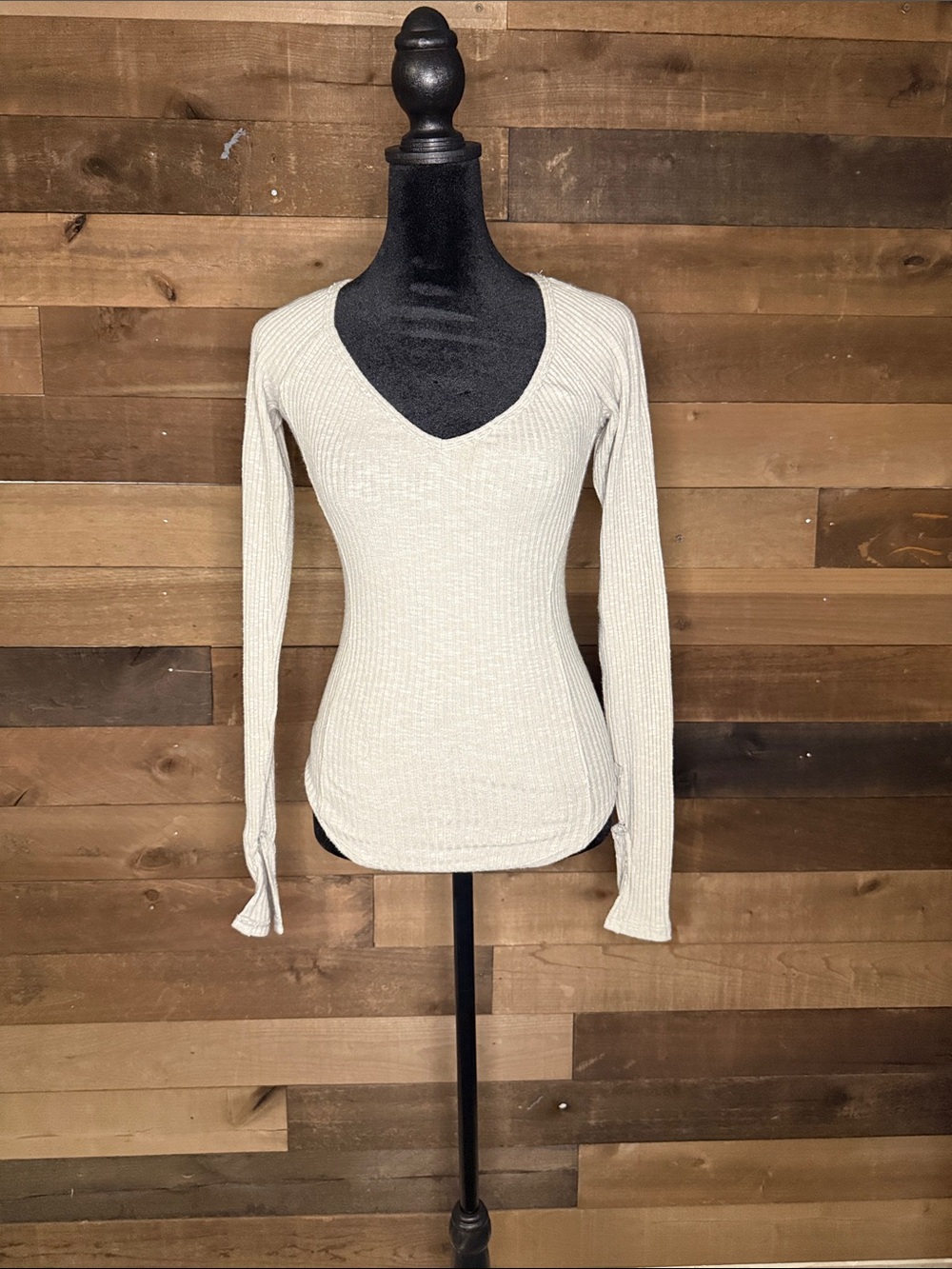 We The Free Light Grey Ribbed V-Neck Long Sleeve Top